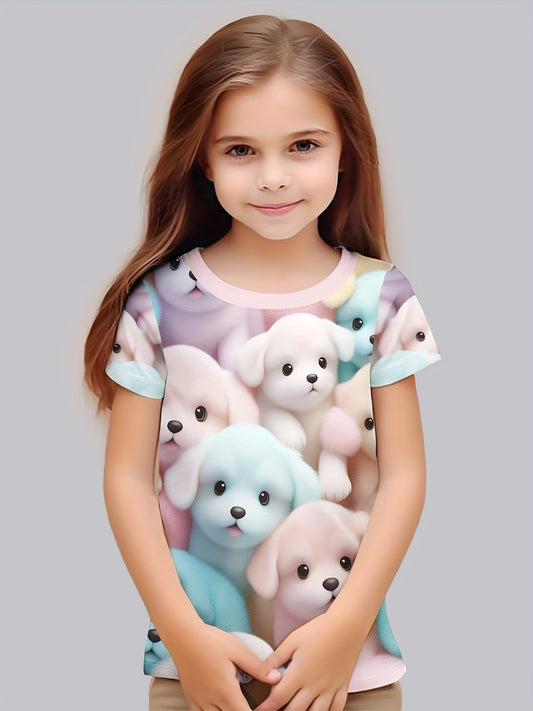 3D Cartoon Dogs Graphic Tee For Girls
