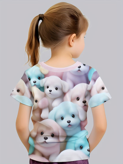 3D Cartoon Dogs Graphic Tee For Girls